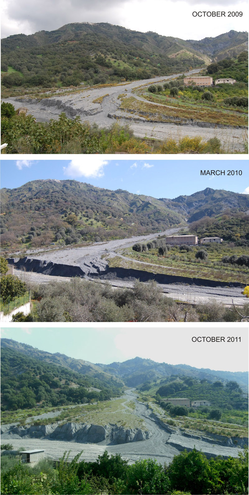 Photo comparison (from October 2009 to October 2011) of the active Inerà alluvial fan, located near the village of San Lorenzo at the confluence of T. Inerà with the Fiumara di Mèlito (souther Calabria). It should be noted that, within one winter season, the fan displays a significant alternation in the progradation/retrogradation process.