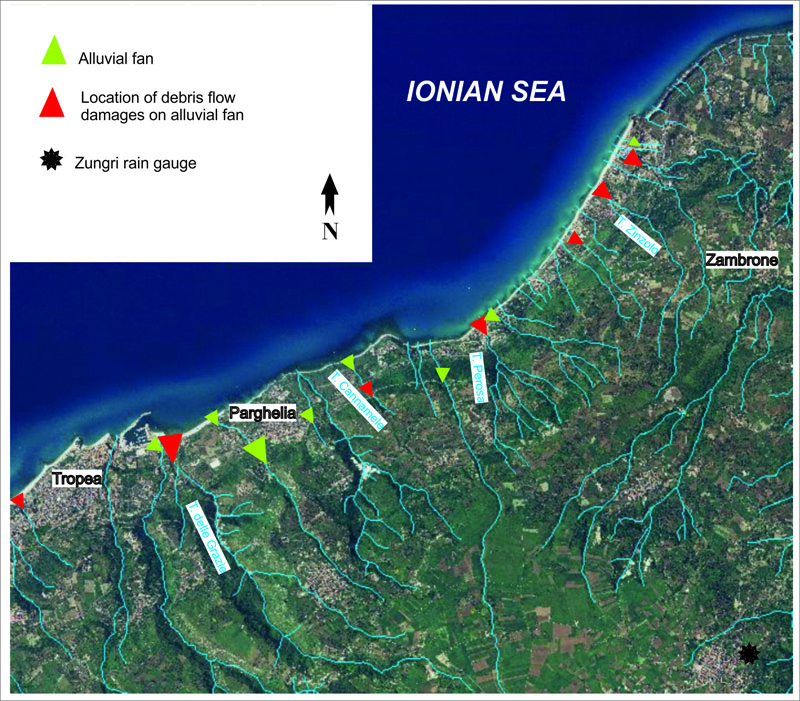 Mappa delle conoidi alluvionali recenti presenti lungo un tratto di costa tirrenica meridionale della Calabria in cui sono evidenziate le conoidi riattivatesi nel triennio 2009-2011 a seguito di intense e prolungate piogge.