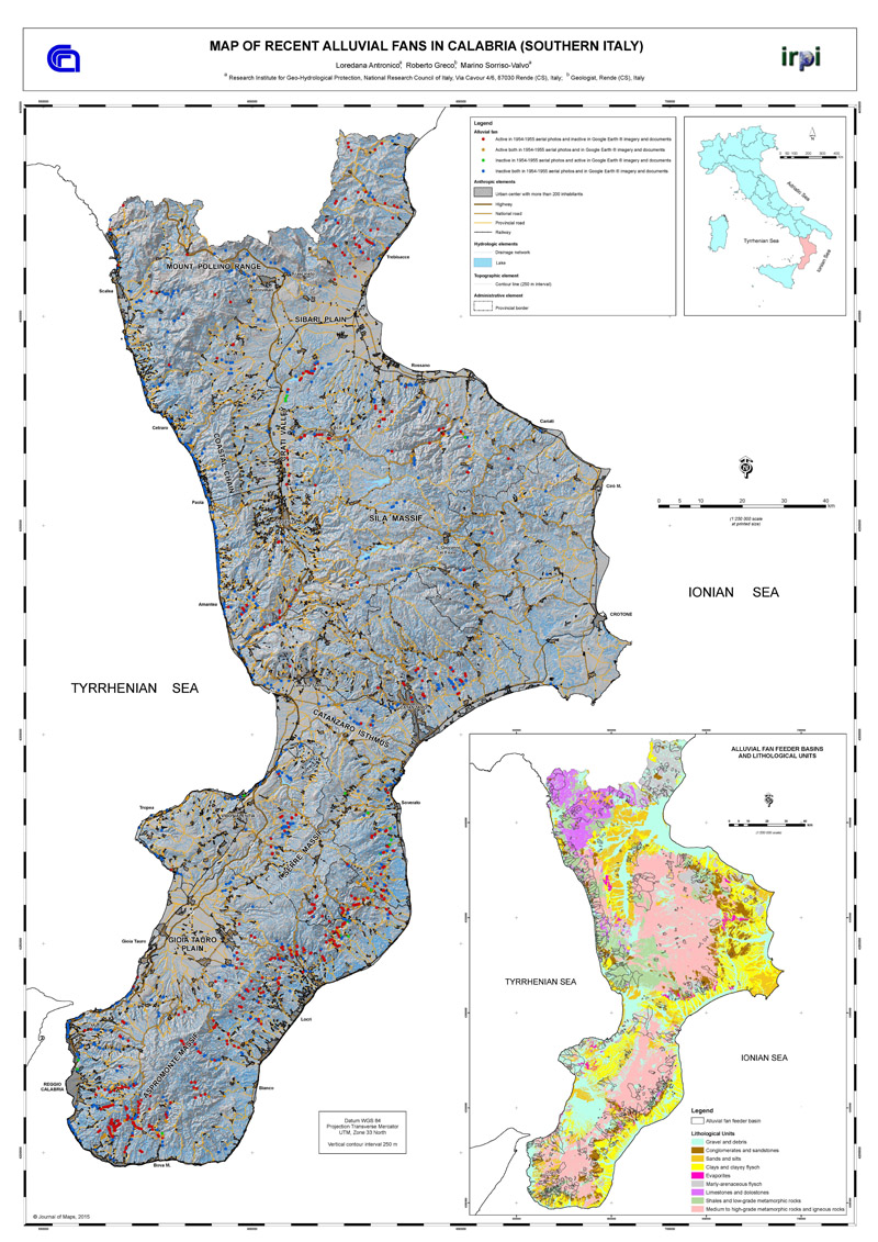 Carta inventario delle conoidi recenti della Calabria distinte in base all’attività.