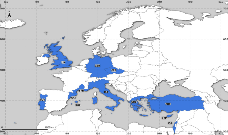 FFEM-DB study areas, in blue. BAL: Balearic Islands; CAT: Catalonia; CYP: Cyprus; CZE: Czech Republic; SFR: Southern France; GER: Germany; GRE: Greece; ISR: Israel; ITA: Italy; POR: Portugal; TUR: Turkey; and UK: United Kingdom.